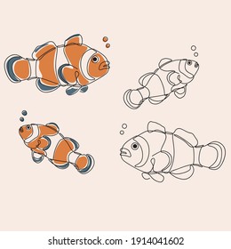 minimalist line art style four clownfish illustration and one line art with earth tone. vector