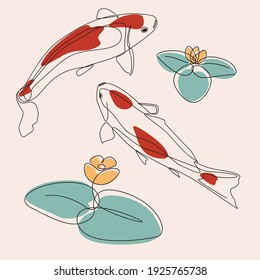 minimalist line art style gold fish or koi fish illustration and one line art with earth tone. creative for wall decoration, postcard or brochure cover design.editable and suitable for templates.