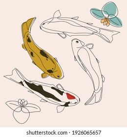 minimalist line art style gold fish or koi fish illustration and one line art with earth tone. creative for wall decoration, postcard or brochure cover design.editable and suitable for templates.
