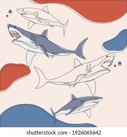 minimalist line art style shark fish illustration and one line art with earth tone. creative for wall decoration, postcard or brochure cover design.editable and suitable for templates.