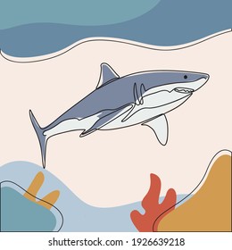 minimalist line art style shark fish illustration and one line art with earth tone. creative for wall decoration, postcard or brochure cover design and cover book .editable and suitable for templates.