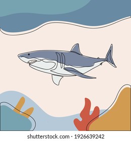 minimalist line art style shark fish illustration and one line art with earth tone. creative for wall decoration, postcard or brochure cover design and cover book .editable and suitable for templates.