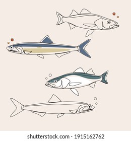 minimalist line art style tuna fish illustration and one line art with earth tone. 
editable and suitable for templates as well as illustrations. vector