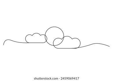 Minimalist line art. Sun and clouds. Continuous line. Vector drawing.