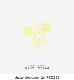Bouquet de tournesol d'art de ligne minimaliste, Abstrait Tournesol artistique fleurs de ligne d'art, simple dessiné à la main Tournesols jaunes Contour