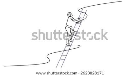 Minimalist line art symbolizing goals and aspiration, with a figure on a ladder aiming for a star. Vector illustration hand drawn.
