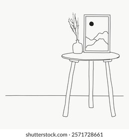 Minimalist line art of a table with a vase and framed landscape. Simple decor, elegant lines, and serene composition in black and white. Simple black line art doodle vector.