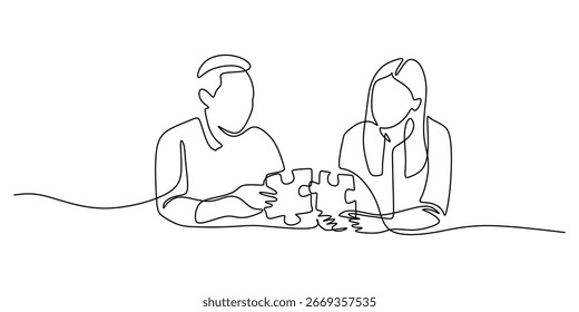 Minimalist line art of a team assembling puzzle parts. Simple continuous line art for partnership, communication, and problem-solving concepts. Vector illustration isolated on white background.