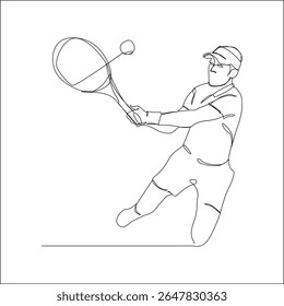 Arte minimalista de linha de um tenista acertando uma proa com uma raquete, capturando o movimento e o foco em uma pose dinâmica.
