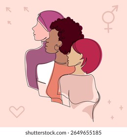 Minimalist line art of three diverse women side by side, symbolizing empowerment, unity, and gender equality. Feminist Diversity Concept with Multicultural Women. Vector illustration