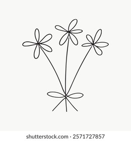 Minimalist line art of three flowers with simple petals and stems. Elegant floral design, perfect for modern decor or art projects. Simple isolated black line art doodle vector.