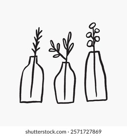 Minimalist line art of three vases with simple floral designs. Black outlines, isolated vector. Elegant, simple, and artistic decor. Simple isolated black line art doodle vector.