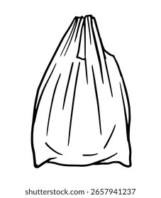 Minimalistische Linie Kunst gebunden Plastikmüll oder Einkaufstasche, symbolisiert Abfallanhäufung, Verschmutzung, Einwegverpackung und Umweltauswirkungen. Schwarze Umrissgrafik
