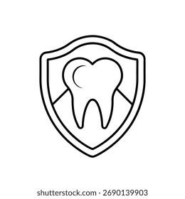 Linha arte minimalista de dente dentro do escudo - Ícone de proteção dentária preto e branco para saúde oral, higiene e conceitos de seguro