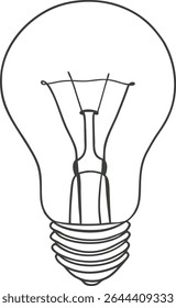 Minimalist line art of a traditional light bulb icon featuring filament detail, ideal for ideas, innovation, creativity, or electric concept visuals in clean vector illustration style.