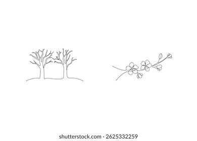 Minimalist Line Art With Trees And Blossoms For Spring Designs