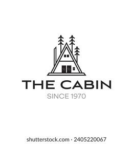 Minimalist Line art Triangular cabin with trees in the forest Vintage Wooden Logo Design Inspiration