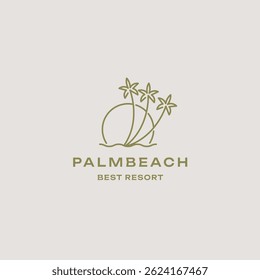 Minimalist Line art tropical palm tree with sunset ocean, beach logo design inspiration
