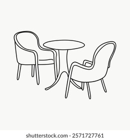 Minimalist line art of two chairs and a round table. Simple, elegant design with clean lines. Perfect for modern decor or design inspiration. Simple black line art doodle vector.