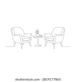 Minimalist line art of two chairs and small table in simple interior setting, modern furniture