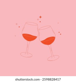 Minimalist line art of two clinking wine glasses a pink background. A stylish and festive illustration perfect for celebrations, invitations, and social events.