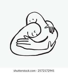 Minimalist line art of two figures embracing, symbolizing love and connection. Simple, heartfelt illustration of a comforting hug. Simple isolated black line art doodle vector.