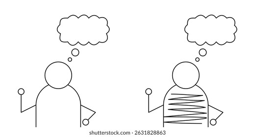 Linha Arte Minimalista de Duas Figuras com Bolhas de Pensamento - Conceito de Contraste Emocional.
