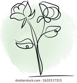 Minimalist line art of two flowers with a soft green watercolor background.