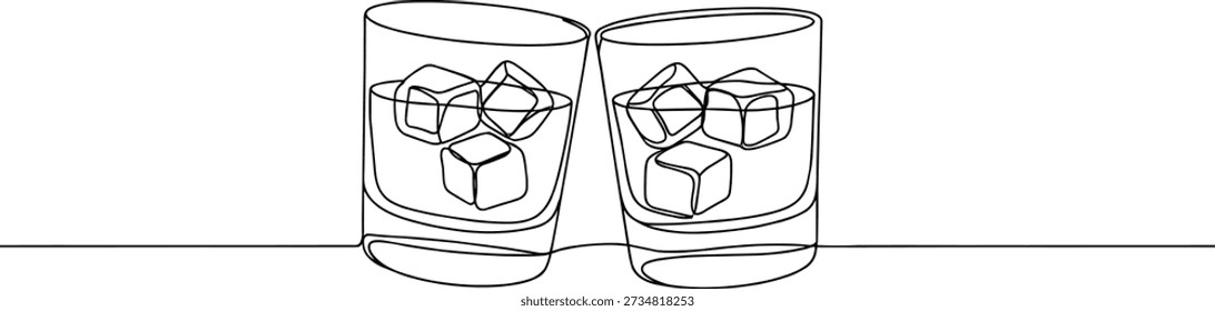 Minimalist line art of two glasses with ice tilted in toast gesture, elegant black and white illustration for celebration, decor, concept