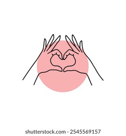 Minimalist line art of two hands forming a heart shape in front of a soft pink circle, symbolizing love, connection, and positivity