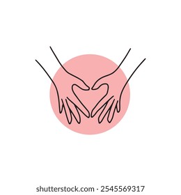 Minimalist line art of two hands positioned to form a subtle heart shape, set against a soft pink circle. 