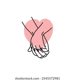 Minimalist line art of two hands holding each other tightly, overlaid with a pink heart, symbolizing love, unity, and support.