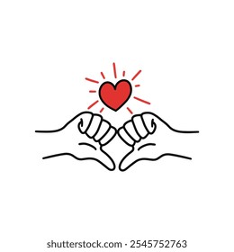 Minimalist line art of two hands creating a heart shape, symbolizing love, unity, and connection with a red heart illustration.