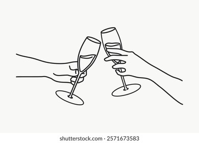 Minimalist line art of two hands clinking champagne glasses. Simple, elegant design capturing a celebratory toast. Perfect for festive occasions. Simple black line art doodle vector.