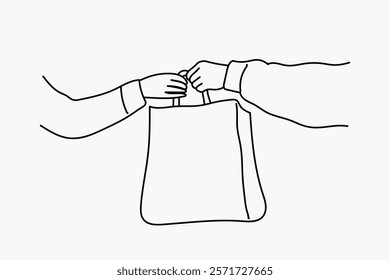 Minimalist line art of two hands exchanging a shopping bag. Simple, clean design with focus on hands and bag. Perfect for shopping or exchange themes. Simple black line art doodle vector.