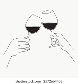 Minimalist line art of two hands clinking wine glasses. Simple, elegant design captures celebration and togetherness in a modern style. Simple black line art doodle vector.