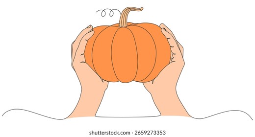 Minimalist Line Art of Two Hands Holding Pumpkin – Flat Halloween and Autumn Vector Illustration