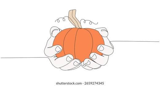 Minimalist Line Art of Two Hands Holding a Pumpkin – Flat Halloween and Autumn Concept Vector