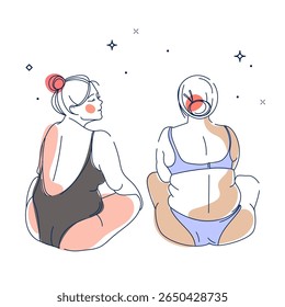 Minimalist line art of two plus size women sitting in swimwear, promoting body positivity, self love, and confidence, for social campaigns, wellness blogs, and fashion illustrations. Vector