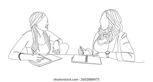Minimalist Line Art of Two Women Having a Conversation and Taking Notes
