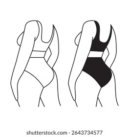 Arte minimalista em linha de duas mulheres de pé em frente e atrás em trajes de banho, uma contornada e uma preenchida em preto. Design limpo e moderno enfatiza curvas, confiança e ilustração de moda positiva para o corpo 