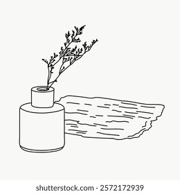 Minimalist line art of a vase with delicate branches. Simple, elegant design with a focus on natural elements and clean lines. Minimalist decor. Simple black line art doodle vector.