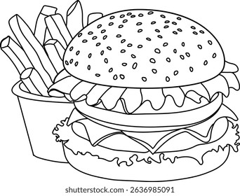 Minimalist line art vector of a classic burger with lettuce, cheese, and patty layers. Perfect for use in food packaging, restaurant branding, menu design, or culinary-themed illustrations