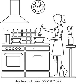A minimalist line art vector design of a person cooking in a kitchen, capturing the simplicity and elegance of everyday culinary moments.