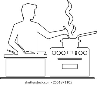 Un diseño de Vector de arte de línea minimalista de un hombre cocinando en una cocina, capturando la esencia de la simplicidad y la elegancia en la vida cotidiana.