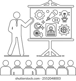 A minimalist line art vector design depicting a confident person giving a presentation, with clean, simple strokes highlighting the speaker and audience interaction.