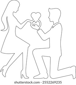 A minimalist line art vector design depicting a person on one knee, holding a ring box in a heartfelt marriage proposal, perfect for romantic and wedding-themed projects.