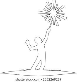 Um design vetor de arte de linha minimalista com uma pessoa segurando um sparkler, capturando a essência de celebração e alegria em um estilo simples e elegante.