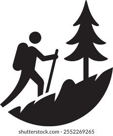 A minimalist line art vector design depicting a person hiking with a stick, capturing the essence of adventure and exploration through simple, fluid lines.