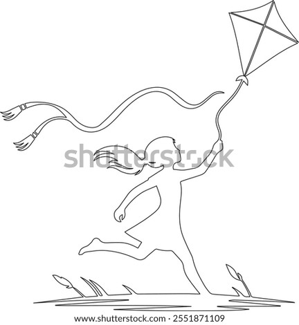 A minimalist line art vector design depicting a joyful child flying a kite, capturing the essence of freedom and playfulness with clean, elegant strokes.